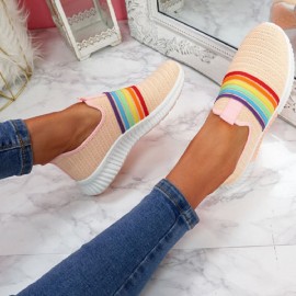 Plus Size Women Rainbow Stripe Knitted Breathable Casual Walking Shoes