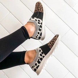 Women Large Size Mesh Breathable Leopard Pattern Elastic Band Slip On Sneakers