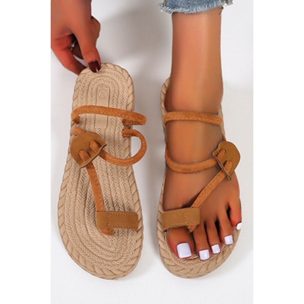 Brown PU Leather Strappy Flat Flip Flops