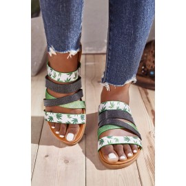 Green Leaf Print Strappy Flat Sandals