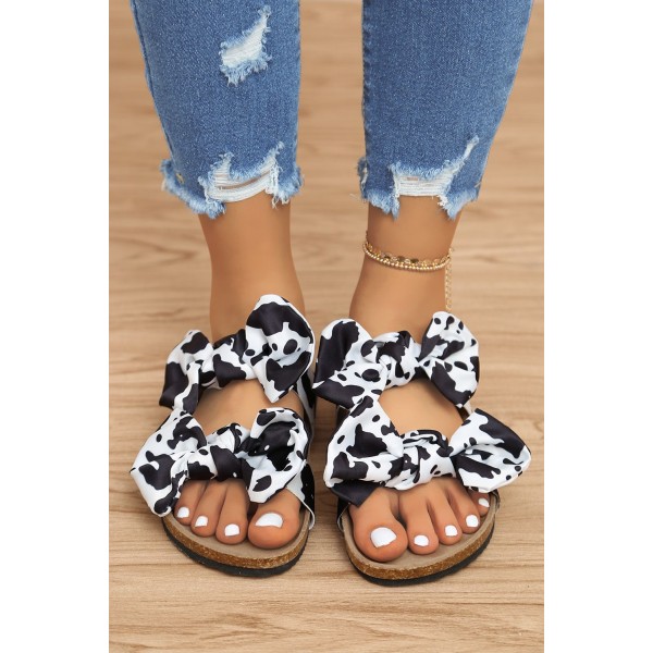 Cow Print Bowknot Open Toe Flat Slippers