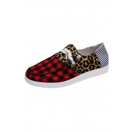 Buffalo Plaid Leopard Splicing Slip On Flat Sneakers