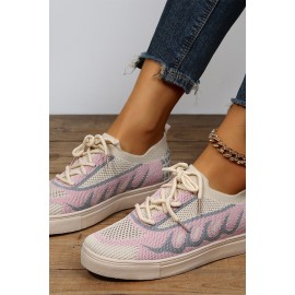 Pink Mesh Knitted Round Toe Lace-up Sneakers