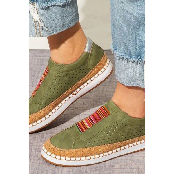 Green Hollow-Out Round Toe Flat Heel Casual Sneakers  